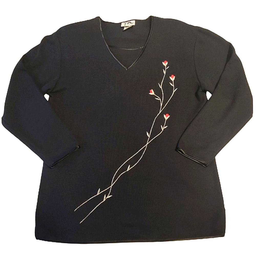 Tag womens black with satin Trim w/embroidery rose stem light sweater size small